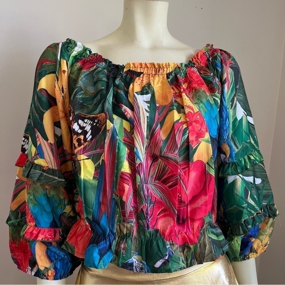 Nwt Rachel Zoe Women’s Tropical Butterfly 1/4 Sleeve Off shoulder Cropped Top L - Picture 10 of 16